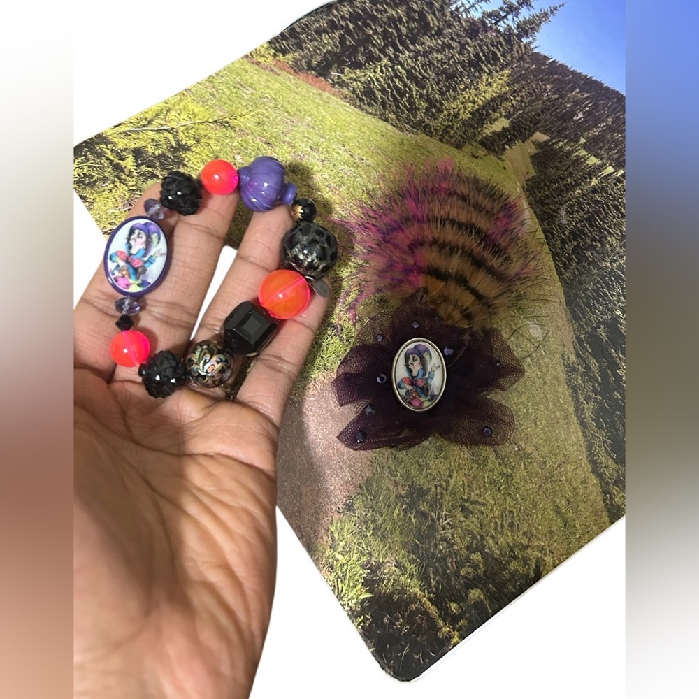 MAD HATTER Colorful Beaded TARINA TARANTINO Bracelet and Feather Brooch Set